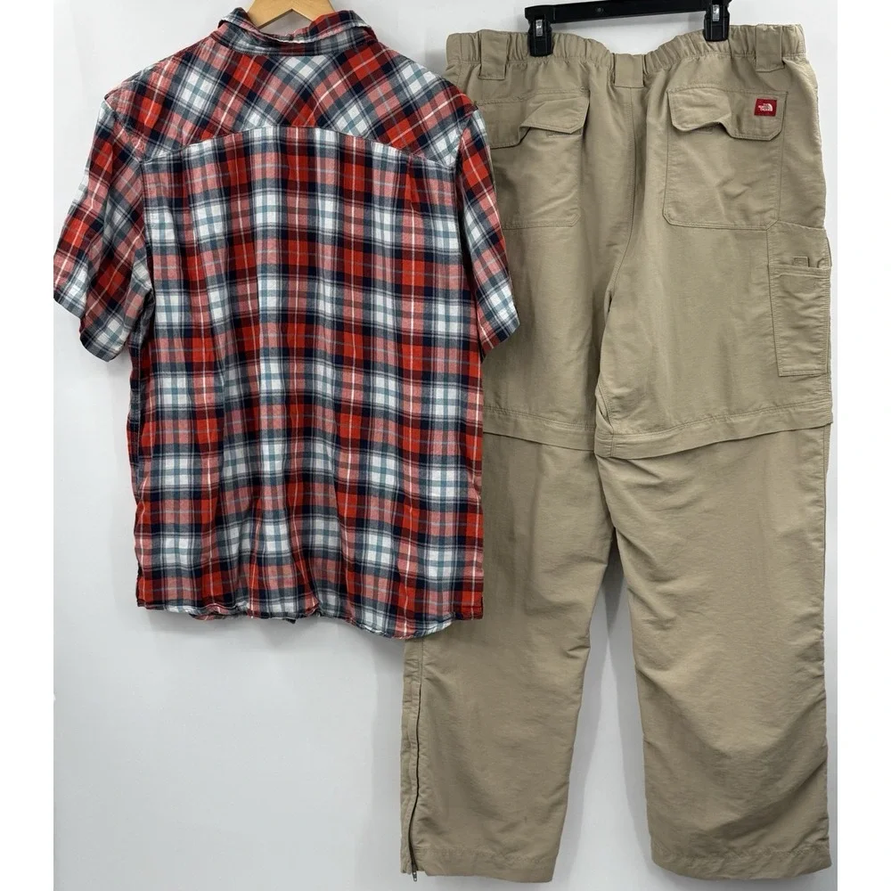 The North Face Size XL Khaki Convertible Pants Zip Off & Red‎ Plaid Shirt Outfit